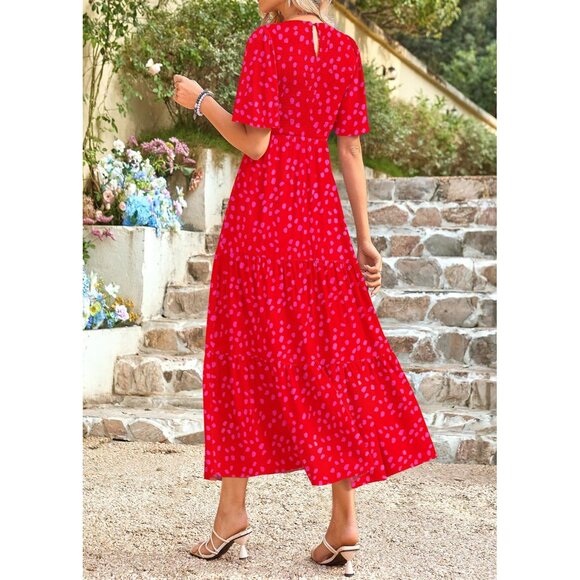 Womens Smocked Midi Dress Lightweight Summer Casual Flutter Short Sleeve Flowy - Picture 2 of 5